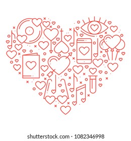 Heart with love symbols in line style. Love couple relationship dating wedding romantic amour concept theme. Unique Valentine day round print. Elements, icons