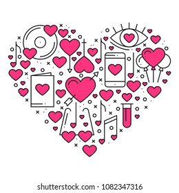 Heart with love symbols in line style. Love couple relationship dating wedding romantic amour concept theme. Unique Valentine day round print. Elements, icons