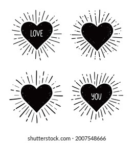 Heart with love text. Hand drawn sketch style. Heart vector illustration for sunburst frame, love quote