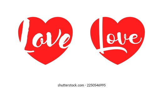 Heart with love text vector, valentine romance celebration decoration. Graphic romantic hearts.