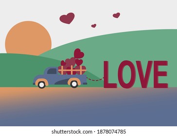 Heart in love truck with love text at park.