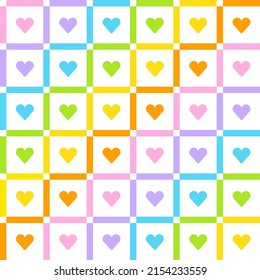 Heart Love Valentines Day Rainbow Cute Pastel Scott Plaid Tartan Checkered Line Overlap Intersect Gingham Seamless Pattern Cartoon Vector Illustration Print Background Fashion Fabric Picnic