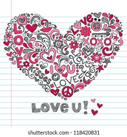 Heart Love Vector- Back to School Sketchy Notebook Doodles Hand-Drawn Vector Illustration on Lined Sketchbook Paper Background