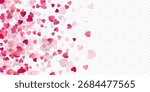 Heart love vector background. Valentine frame. Pink hearts confetti. Scattered love symbols. Random falling heart shape on transparent background. Beautiful Invitation, Greeting Card Illustration.
