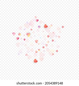 Heart love vector background. Valentine frame. Pink hearts confetti. Scattered love symbols. Random falling heart shape on transparent background. Beautiful Invitation, Greeting Card Illustration.