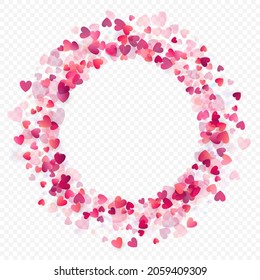 Heart love vector background. Valentine frame. Pink hearts confetti. Scattered love symbols. Random falling heart shape on transparent background. Beautiful Invitation, Greeting Card Illustration.