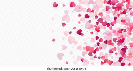 Heart love vector background. Valentine frame. Pink hearts confetti. Scattered love symbols. Random falling heart shape on transparent background. Beautiful Invitation, Greeting Card Illustration.
