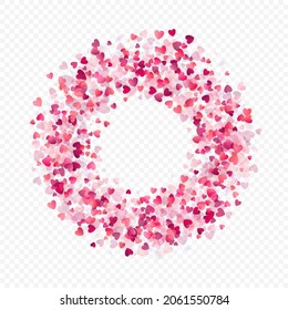 Herzliebe, Vektorhintergrund. Valentinrahmen. Rosa Herzen Konfetti. Gesenkte Liebessymbole. Zufällig fallende Herzform auf transparentem Hintergrund. Schöne Einladung, Grußkartenillustration.