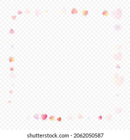 Heart love vector background. Valentine frame. Pink hearts confetti. Scattered love symbols. Random falling heart shape on transparent background. Beautiful Invitation, Greeting Card Illustration.