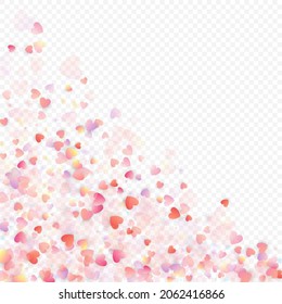 Herzliebe, Vektorhintergrund. Valentinrahmen. Rosa Herzen Konfetti. Gesenkte Liebessymbole. Zufällig fallende Herzform auf transparentem Hintergrund. Schöne Einladung, Grußkartenillustration.
