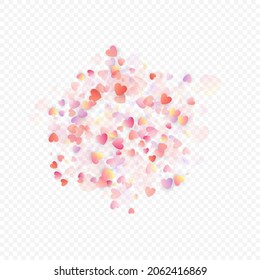 Fondo vectorial de amor cardíaco. Marco de San Valentín. Confeti de corazones rosados. Símbolos de amor dispersos. Forma cardíaca al azar sobre fondo transparente. Hermosa Invitación, Ilustración De Tarjeta De Saludo.