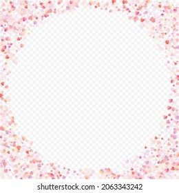Heart love vector background. Valentine frame. Pink hearts confetti. Scattered love symbols. Random falling heart shape on transparent background. Beautiful Invitation, Greeting Card Illustration.