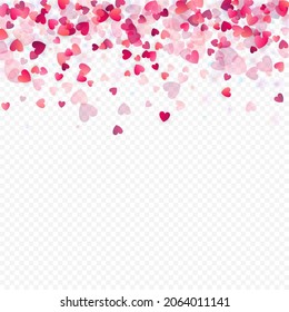 Fondo vectorial de amor cardíaco. Marco de San Valentín. Confeti de corazones rosados. Símbolos de amor dispersos. Forma cardíaca al azar sobre fondo transparente. Hermosa Invitación, Ilustración De Tarjeta De Saludo.