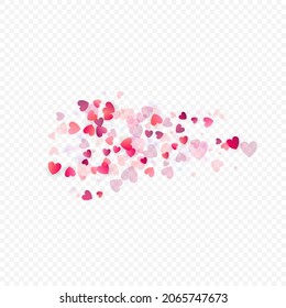 Heart love vector background. Valentine frame. Pink hearts confetti. Scattered love symbols. Random falling heart shape on transparent background. Beautiful Invitation, Greeting Card Illustration.