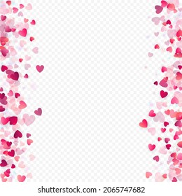 Fondo vectorial de amor cardíaco. Marco de San Valentín. Confeti de corazones rosados. Símbolos de amor dispersos. Forma cardíaca al azar sobre fondo transparente. Hermosa Invitación, Ilustración De Tarjeta De Saludo.