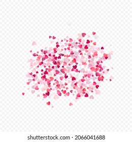 Fondo vectorial de amor cardíaco. Marco de San Valentín. Confeti de corazones rosados. Símbolos de amor dispersos. Forma cardíaca al azar sobre fondo transparente. Hermosa Invitación, Ilustración De Tarjeta De Saludo.
