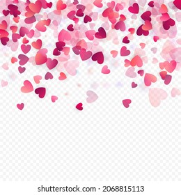 Herzliebe, Vektorhintergrund. Valentinrahmen. Rosa Herzen Konfetti. Gesenkte Liebessymbole. Zufällig fallende Herzform auf transparentem Hintergrund. Schöne Einladung, Grußkartenillustration.