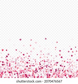 Herzliebe, Vektorhintergrund. Valentinrahmen. Rosa Herzen Konfetti. Gesenkte Liebessymbole. Zufällig fallende Herzform auf transparentem Hintergrund. Schöne Einladung, Grußkartenillustration.