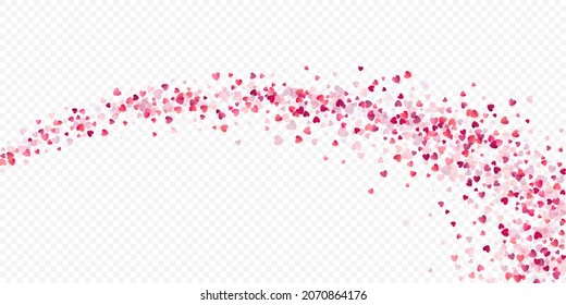 Herzliebe, Vektorhintergrund. Valentinrahmen. Rosa Herzen Konfetti. Gesenkte Liebessymbole. Zufällig fallende Herzform auf transparentem Hintergrund. Schöne Einladung, Grußkartenillustration.