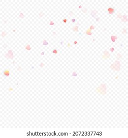 Heart love vector background. Valentine frame. Pink hearts confetti. Scattered love symbols. Random falling heart shape on transparent background. Beautiful Invitation, Greeting Card Illustration.