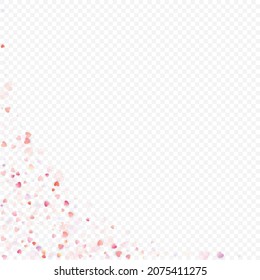 Fondo vectorial de amor cardíaco. Marco de San Valentín. Confeti de corazones rosados. Símbolos de amor dispersos. Forma cardíaca al azar sobre fondo transparente. Hermosa Invitación, Ilustración De Tarjeta De Saludo.