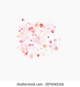 Heart love vector background. Valentine frame. Pink hearts confetti. Scattered love symbols. Random falling heart shape on transparent background. Beautiful Invitation, Greeting Card Illustration.