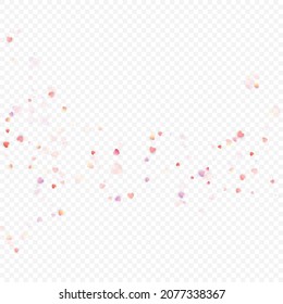 Fondo vectorial de amor cardíaco. Marco de San Valentín. Confeti de corazones rosados. Símbolos de amor dispersos. Forma cardíaca al azar sobre fondo transparente. Hermosa Invitación, Ilustración De Tarjeta De Saludo.