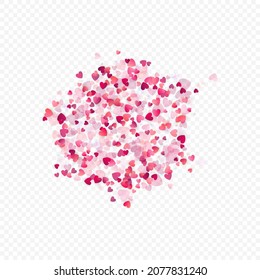 Heart love vector background. Valentine frame. Pink hearts confetti. Scattered love symbols. Random falling heart shape on transparent background. Beautiful Invitation, Greeting Card Illustration.