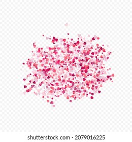 Herzliebe, Vektorhintergrund. Valentinrahmen. Rosa Herzen Konfetti. Gesenkte Liebessymbole. Zufällig fallende Herzform auf transparentem Hintergrund. Schöne Einladung, Grußkartenillustration.