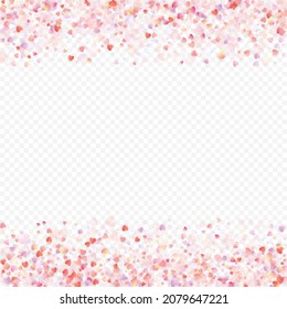 Heart love vector background. Valentine frame. Pink hearts confetti. Scattered love symbols. Random falling heart shape on transparent background. Beautiful Invitation, Greeting Card Illustration.