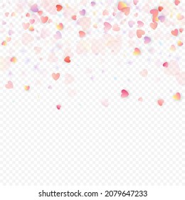 Fondo vectorial de amor cardíaco. Marco de San Valentín. Confeti de corazones rosados. Símbolos de amor dispersos. Forma cardíaca al azar sobre fondo transparente. Hermosa Invitación, Ilustración De Tarjeta De Saludo.