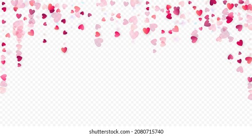Fondo vectorial de amor cardíaco. Marco de San Valentín. Confeti de corazones rosados. Símbolos de amor dispersos. Forma cardíaca al azar sobre fondo transparente. Hermosa Invitación, Ilustración De Tarjeta De Saludo.