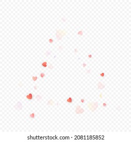 Heart love vector background. Valentine frame. Pink hearts confetti. Scattered love symbols. Random falling heart shape on transparent background. Beautiful Invitation, Greeting Card Illustration.