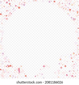 Heart love vector background. Valentine frame. Pink hearts confetti. Scattered love symbols. Random falling heart shape on transparent background. Beautiful Invitation, Greeting Card Illustration.