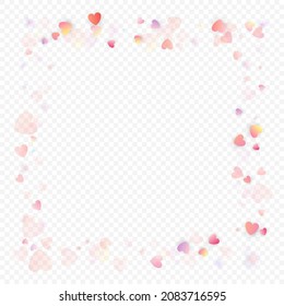 Heart love vector background. Valentine frame. Pink hearts confetti. Scattered love symbols. Random falling heart shape on transparent background. Beautiful Invitation, Greeting Card Illustration.