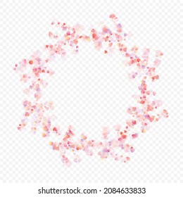 Fondo vectorial de amor cardíaco. Marco de San Valentín. Confeti de corazones rosados. Símbolos de amor dispersos. Forma cardíaca al azar sobre fondo transparente. Hermosa Invitación, Ilustración De Tarjeta De Saludo.