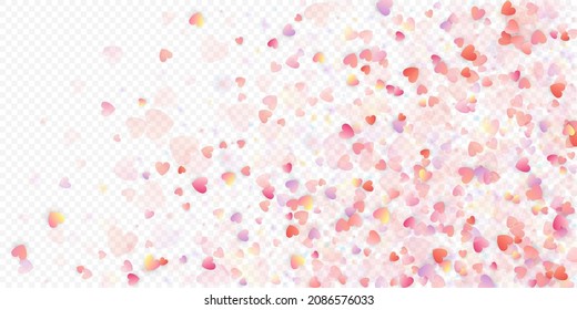 Herzliebe, Vektorhintergrund. Valentinrahmen. Rosa Herzen Konfetti. Gesenkte Liebessymbole. Zufällig fallende Herzform auf transparentem Hintergrund. Schöne Einladung, Grußkartenillustration.