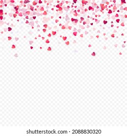 Heart love vector background. Valentine frame. Pink hearts confetti. Scattered love symbols. Random falling heart shape on transparent background. Beautiful Invitation, Greeting Card Illustration.