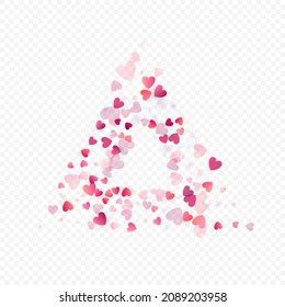 Herzliebe, Vektorhintergrund. Valentinrahmen. Rosa Herzen Konfetti. Gesenkte Liebessymbole. Zufällig fallende Herzform auf transparentem Hintergrund. Schöne Einladung, Grußkartenillustration.