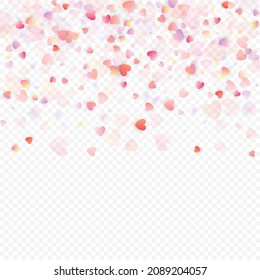 Fondo vectorial de amor cardíaco. Marco de San Valentín. Confeti de corazones rosados. Símbolos de amor dispersos. Forma cardíaca al azar sobre fondo transparente. Hermosa Invitación, Ilustración De Tarjeta De Saludo.