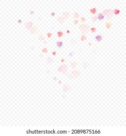 Heart love vector background. Valentine frame. Pink hearts confetti. Scattered love symbols. Random falling heart shape on transparent background. Beautiful Invitation, Greeting Card Illustration.