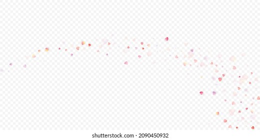 Herzliebe, Vektorhintergrund. Valentinrahmen. Rosa Herzen Konfetti. Gesenkte Liebessymbole. Zufällig fallende Herzform auf transparentem Hintergrund. Schöne Einladung, Grußkartenillustration.