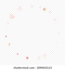 Herzliebe, Vektorhintergrund. Valentinrahmen. Rosa Herzen Konfetti. Gesenkte Liebessymbole. Zufällig fallende Herzform auf transparentem Hintergrund. Schöne Einladung, Grußkartenillustration.