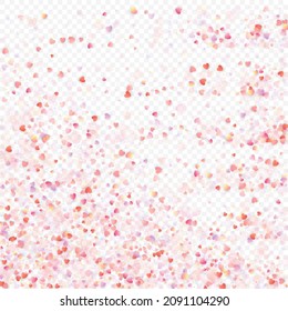 Fondo vectorial de amor cardíaco. Marco de San Valentín. Confeti de corazones rosados. Símbolos de amor dispersos. Forma cardíaca al azar sobre fondo transparente. Hermosa Invitación, Ilustración De Tarjeta De Saludo.