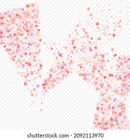 Heart love vector background. Valentine frame. Pink hearts confetti. Scattered love symbols. Random falling heart shape on transparent background. Beautiful Invitation, Greeting Card Illustration.