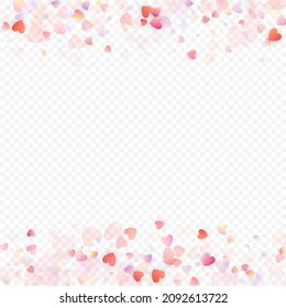 Fondo vectorial de amor cardíaco. Marco de San Valentín. Confeti de corazones rosados. Símbolos de amor dispersos. Forma cardíaca al azar sobre fondo transparente. Hermosa Invitación, Ilustración De Tarjeta De Saludo.