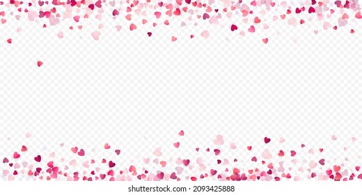 Fondo vectorial de amor cardíaco. Marco de San Valentín. Confeti de corazones rosados. Símbolos de amor dispersos. Forma cardíaca al azar sobre fondo transparente. Hermosa Invitación, Ilustración De Tarjeta De Saludo.
