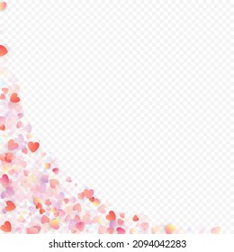 Heart love vector background. Valentine frame. Pink hearts confetti. Scattered love symbols. Random falling heart shape on transparent background. Beautiful Invitation, Greeting Card Illustration.