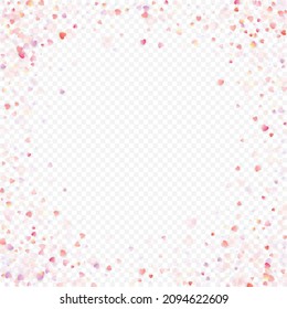 Herzliebe, Vektorhintergrund. Valentinrahmen. Rosa Herzen Konfetti. Gesenkte Liebessymbole. Zufällig fallende Herzform auf transparentem Hintergrund. Schöne Einladung, Grußkartenillustration.