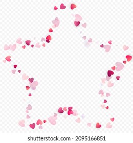 Heart love vector background. Valentine frame. Pink hearts confetti. Scattered love symbols. Random falling heart shape on transparent background. Beautiful Invitation, Greeting Card Illustration.